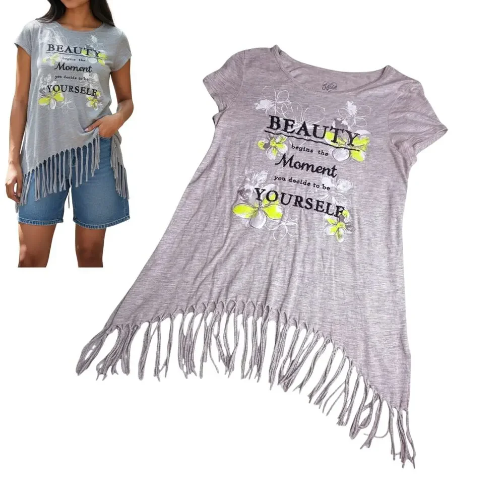 Justice Girl Fringe Top Size16 Beauty Be Yourself T Shirt Dress Embroidered Gray